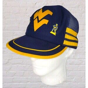 Vtg 80s West Virginia 3 Stripe Trucker Cap WV Mountaineers Hat Snapback WVU